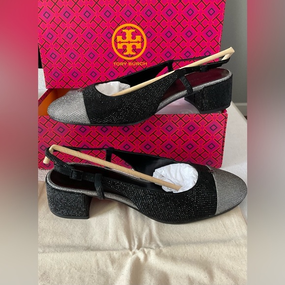 Tory Burch Black and Silver Block Heel Slingbacks - Picture 3 of 8